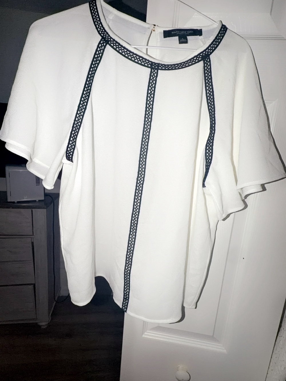Marc New York White Short Flutter Sleeve Blouse with Navy Trim